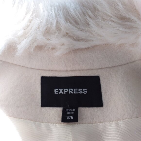 Express Wool Coat Size 5/6 Ivory Faux Fur Collar Cuffs Dressy Penny Lane Vintage - Picture 15 of 16